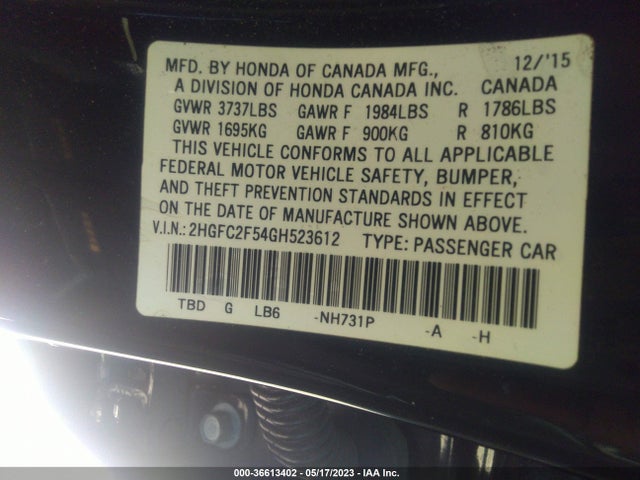 2016 HONDA CIVIC SEDAN LX VIN: 2HGFC2F54GH523612