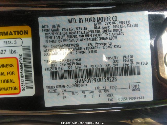 3FA6P0VP9KR129228 Ford Fusion Sport