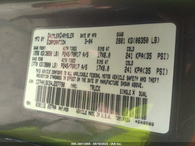 2004 DODGE RAM 1500 ST VIN: 1D7HA16K94J227790