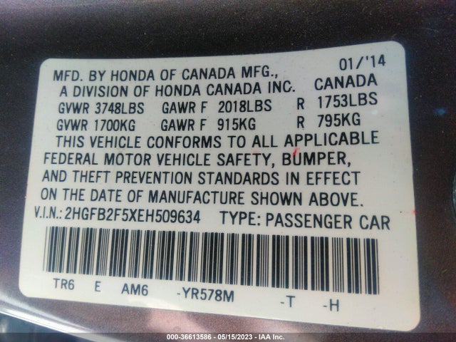 Honda Civic Sedan Lx 2014 2HGFB2F5XEH509634 Image 9