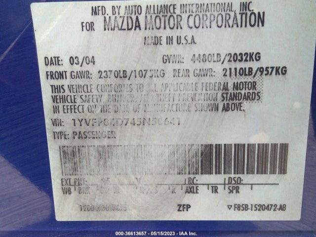 2004 MAZDA MAZDA6 S VIN: 1YVFP84D745N50641