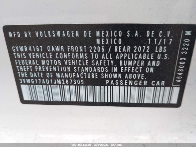 3VWG17AU1JM267309 Volkswagen GOLF S/SE