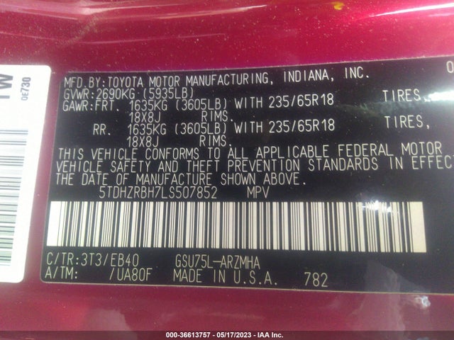 Toyota Highlander Xle 2020 5TDHZRBH7LS507852 Image 9