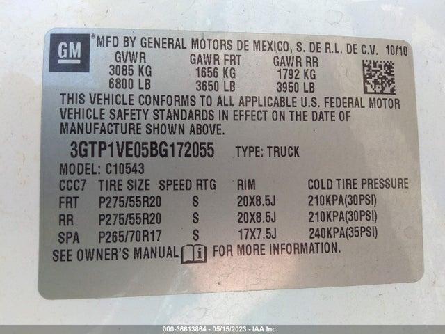 36613864 :رقم المزاد ، 3GTP1VE05BG172055 vin ، 2011 Gmc Sierra 1500 Sle مزاد بيع