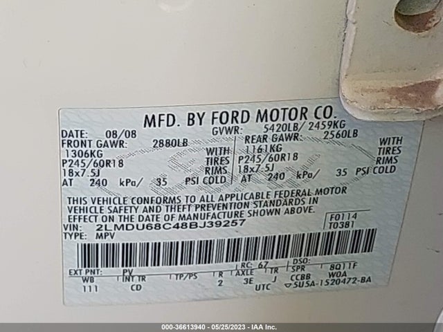 2008 LINCOLN MKX VIN: 2LMDU68C48BJ39257