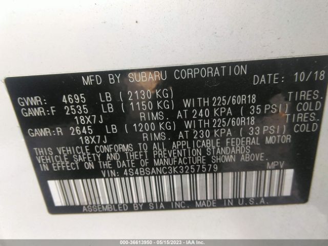 4S4BSANC3K3257579 Subaru Outback Limited
