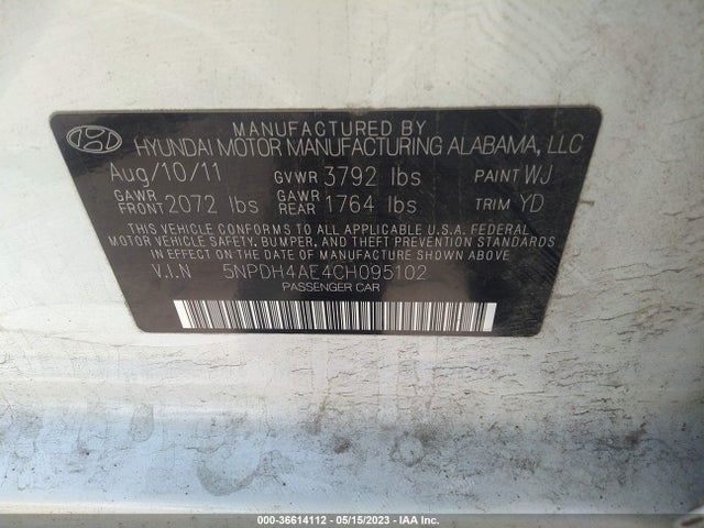 2012 HYUNDAI ELANTRA LIMITED PZEV VIN: 5NPDH4AE4CH095102