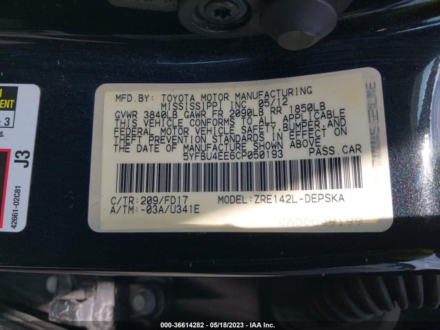 2012 TOYOTA COROLLA L/LE/S VIN: 5YFBU4EE6CP050193