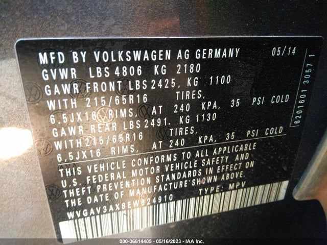 WVGAV3AX8EW624910 Volkswagen TIGUAN S