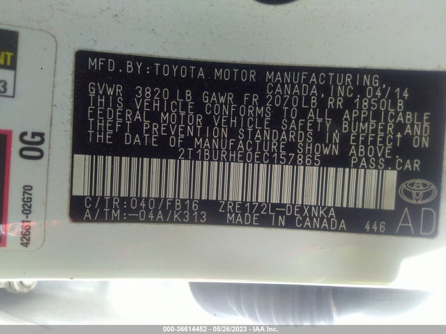 2014 TOYOTA COROLLA L/LE/S/S PLUS/LE PLUS VIN: 2T1BURHE0EC157865