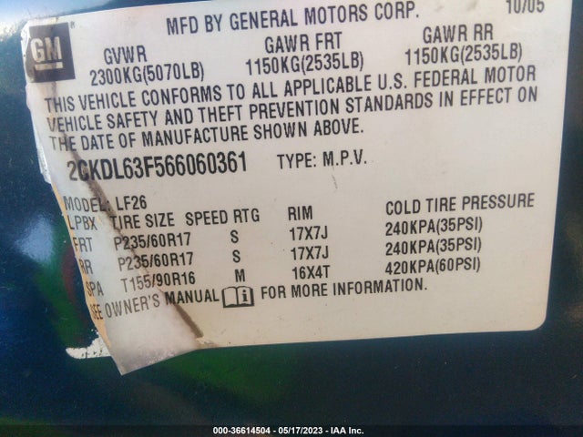 2006 PONTIAC TORRENT VIN: 2CKDL63F566060361