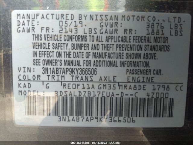 3N1AB7AP9KY366506 Nissan SENTRA SV