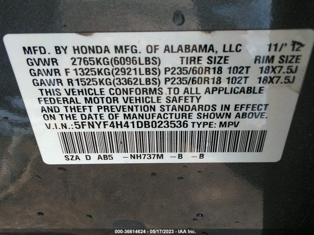 2013 HONDA PILOT EX VIN: 5FNYF4H41DB023536