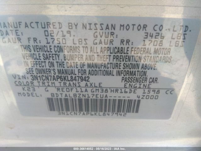 3N1CN7AP6KL847942 Nissan Versa Sedan Sv