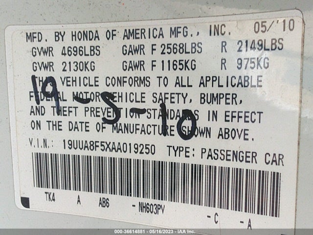 2010 ACURA TL TECH VIN: 19UUA8F5XAA019250