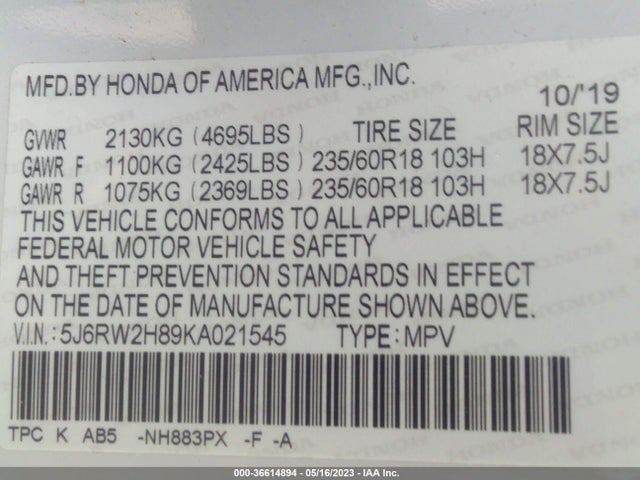 Honda Cr-v Ex-l 2019 5J6RW2H89KA021545 Image 9