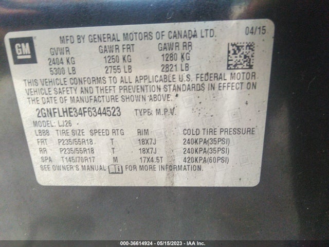 2015 CHEVROLET EQUINOX LTZ VIN: 2GNFLHE34F6344523