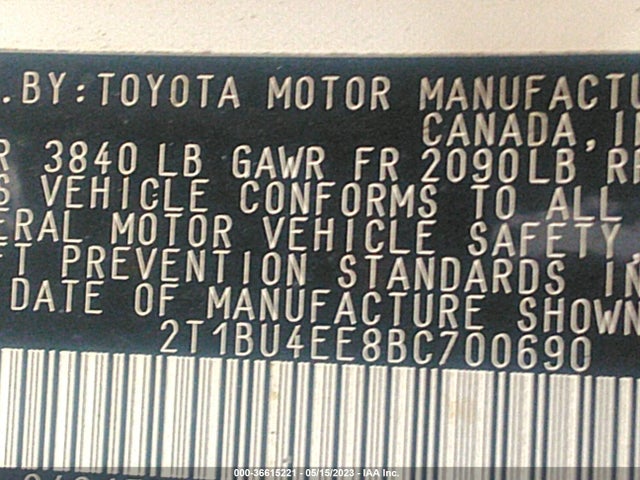 2011 TOYOTA COROLLA L/LE/S VIN: 2T1BU4EE8BC700690