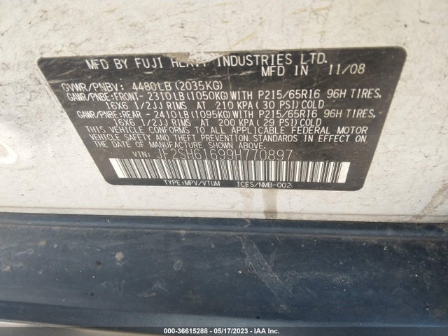 2009 SUBARU FORESTER X VIN: JF2SH61699H770897