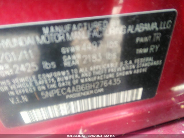 2011 HYUNDAI SONATA SE VIN: 5NPEC4AB6BH276435