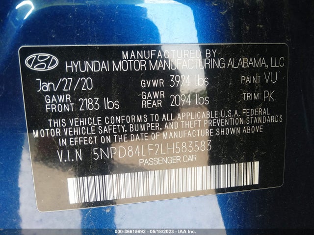 2020 HYUNDAI ELANTRA SEL VIN: 5NPD84LF2LH583583