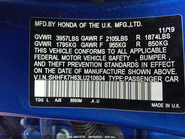 Honda Civic Hatchback Ex 2020 SHHFK7H63LU210604 Image 9