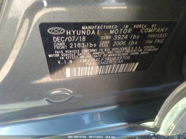 2019 HYUNDAI ELANTRA VALUE EDITION VIN: KMHD84LF5KU833706