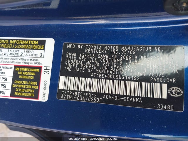 2009 TOYOTA CAMRY VIN: 4T1BE46K09U314193
