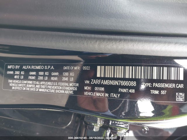 2022 Alfa Romeo Giulia, VIN: ZARFAMBN9N7666088