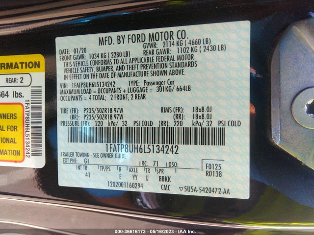 2020 FORD MUSTANG ECOBOOST VIN: 1FATP8UH6L5134242