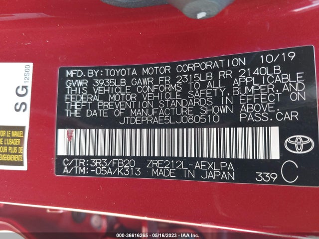 Toyota COROLLA LE 2020 JTDEPRAE5LJ080510 Image 9