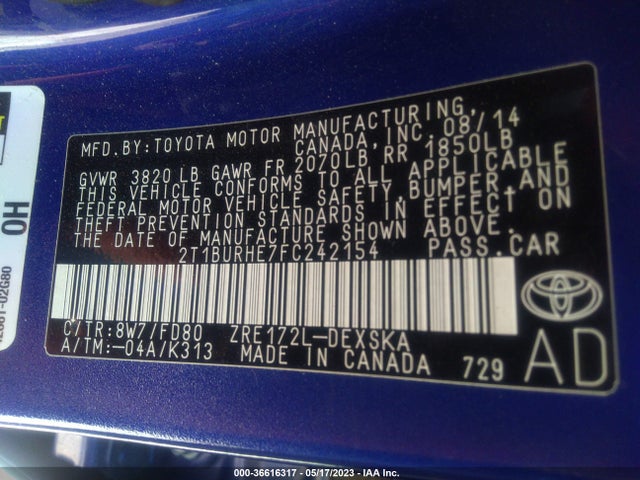 Toyota Corolla S 2015 2T1BURHE7FC242154 Image 11