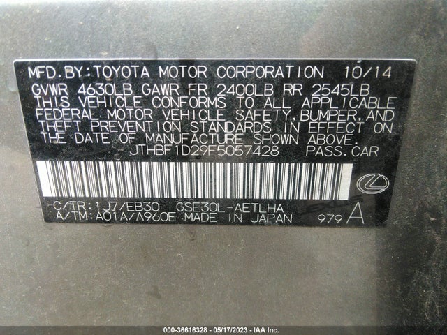 2015 LEXUS IS 250 VIN: JTHBF1D29F5057428