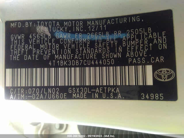 2012 TOYOTA AVALON VIN: 4T1BK3DB7CU444050