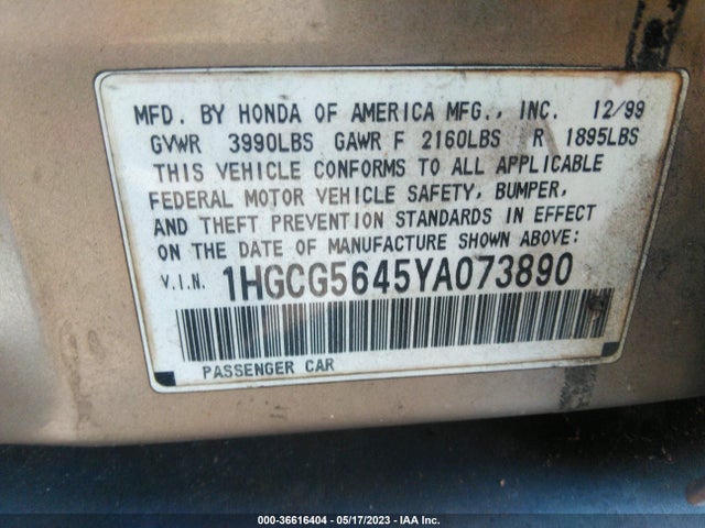 2000 HONDA ACCORD SDN LX VIN: 1HGCG5645YA073890