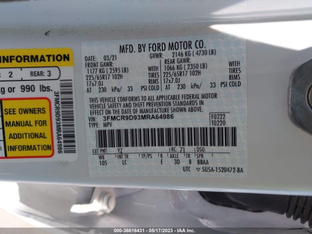 3FMCR9D93MRA64986 Ford Bronco Sport Badlands