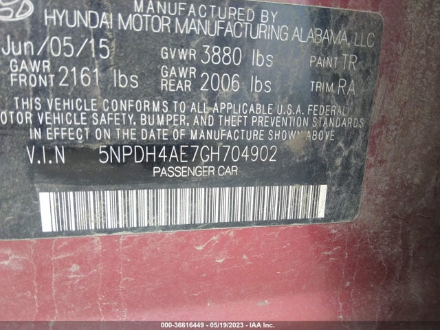 2016 HYUNDAI ELANTRA SE VIN: 5NPDH4AE7GH704902