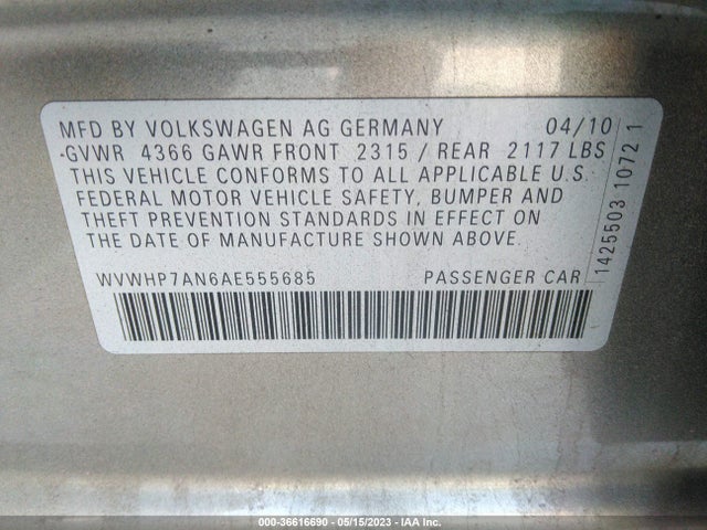 2010 VOLKSWAGEN CC LUXURY VIN: WVWHP7AN6AE555685