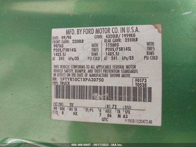 1999 FORD RANGER XL/XLT VIN: 1FTYR10C1XPA30750