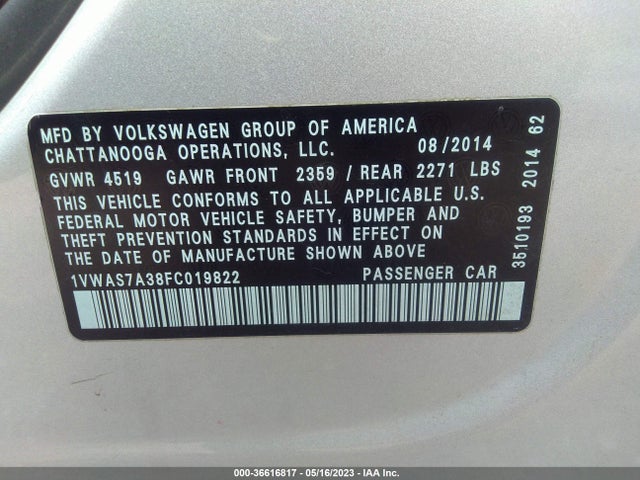 1VWAS7A38FC019822 Volkswagen Passat 1.8t Wolfsburg Ed