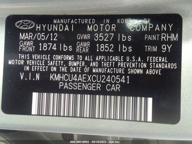 2012 HYUNDAI ACCENT GLS VIN: KMHCU4AEXCU240541