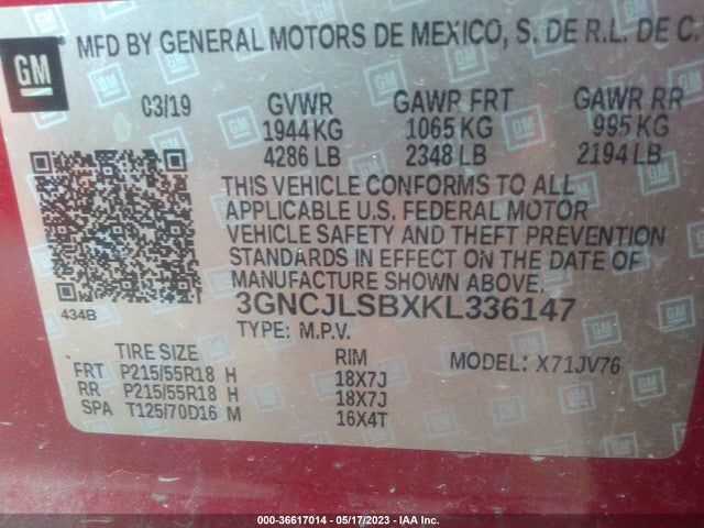 Chevrolet Trax Lt 2019 3GNCJLSBXKL336147 Image 9