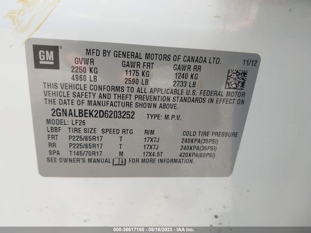 2013 CHEVROLET EQUINOX LS VIN: 2GNALBEK2D6203252