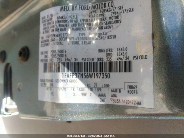 2006 FORD FOCUS S VIN: 1FAFP37N56W197350