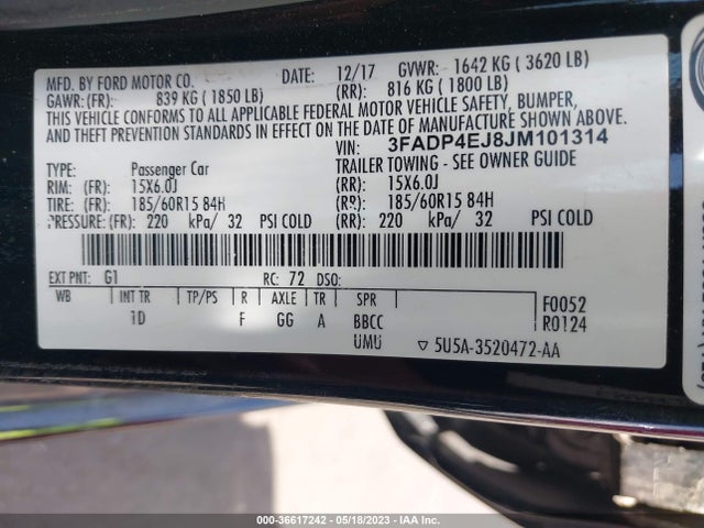 2018 FORD FIESTA SE VIN: 3FADP4EJ8JM101314