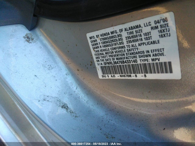 2006 HONDA ODYSSEY EX VIN: 5FNRL38476B433140
