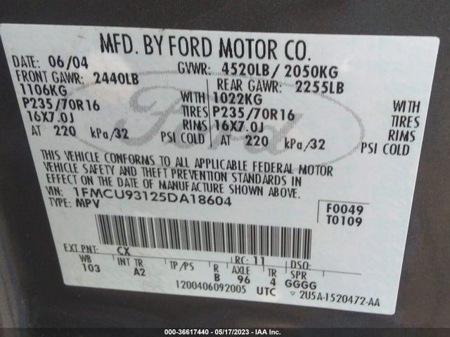 2005 FORD ESCAPE XLT VIN: 1FMCU93125DA18604