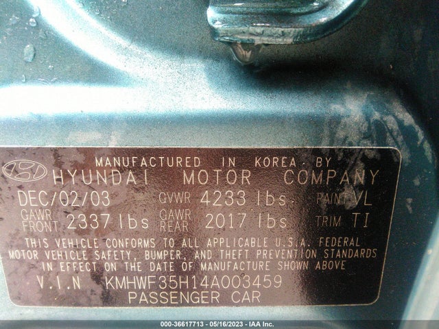 2004 HYUNDAI SONATA GLS/LX VIN: KMHWF35H14A003459