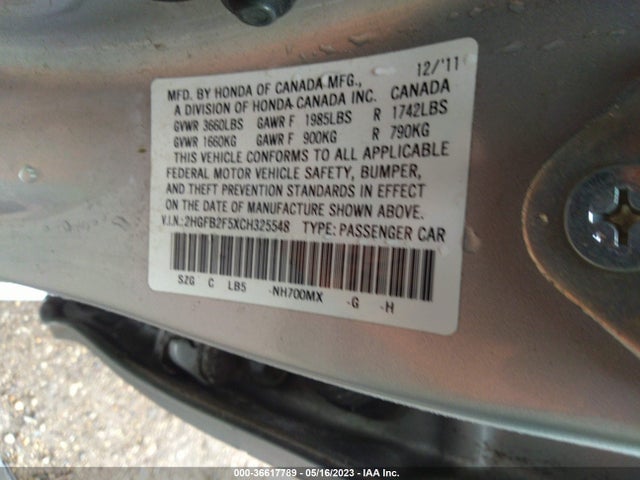2012 HONDA CIVIC SDN LX VIN: 2HGFB2F5XCH325548