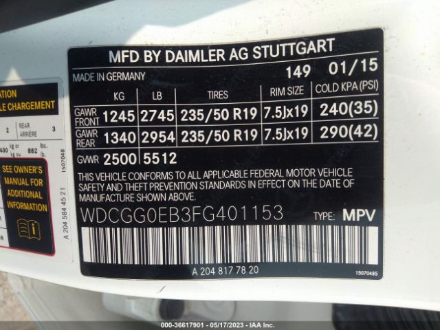 WDCGG0EB3FG401153 Mercedes-Benz Glk-class Glk 250 Bluetec